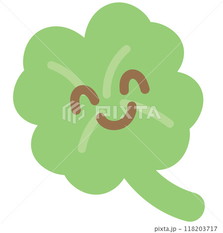 Illustration of green clover leaf for cartoon character, comic, mascot, lucky icon, logo design, cute patches, print, brooch, pin, fashion, accessory, merchandise, mockup, sticker, happy emoji, charm 118203717