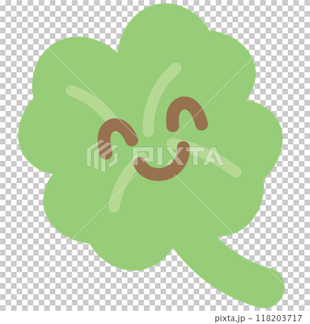 Illustration of green clover leaf for cartoon character, comic, mascot, lucky icon, logo design, cute patches, print, brooch, pin, fashion, accessory, merchandise, mockup, sticker, happy emoji, charm 118203717