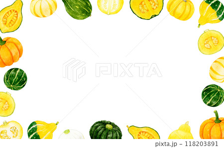 色々な種類のかぼちゃのフレーム　野菜の手描き水彩イラスト背景素材 118203891
