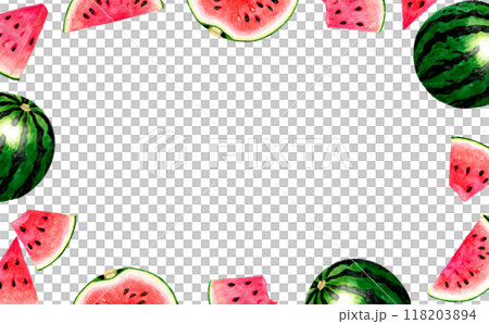 Frame of watermelon with red flesh. Hand-drawn watercolor illustration background material of vegetables and fruits 118203894