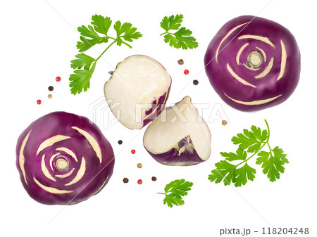 Cabbage kohlrabi isolated on white background closeup. Top view. Flat lay, 118204248