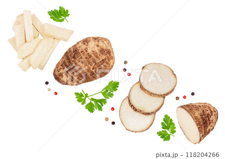 fresh taro root isolated on white background with copy space for your text. Top view. Flat lay. Set or collection fresh taro root isolated on white background with copy space for your text. Top view. Flat lay. Set or collection 118204266