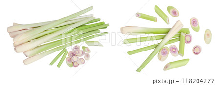 Fresh Lemongrass isolated on white background . Top view. Flat lay Fresh Lemongrass isolated on white background . Top view. Flat lay 118204277