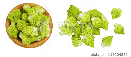Romanesco broccoli cabbage or Roman Cauliflower isolated on white background . Top view. Flat lay Romanesco broccoli cabbage or Roman Cauliflower isolated on white background . Top view. Flat lay 118204283