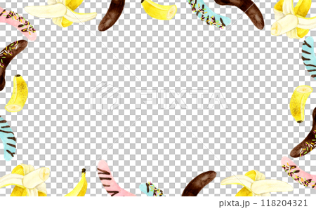 バナナとチョコバナナのフレーム　果物・フルーツの手描き水彩イラスト背景素材 118204321