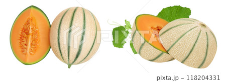 Cantaloupe melon isolated on white background with full depth of field. Top view. Flat lay Cantaloupe melon isolated on white background with full depth of field. Top view. Flat lay 118204331