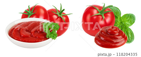 Red tomato sauce or ketchup in ceramic bowl isolated on white background . Top view. Flat lay Red tomato sauce or ketchup in ceramic bowl isolated on white background . Top view. Flat lay 118204335