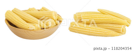 Pickled young baby corn cobs in wooden bowl isolated on white background Pickled young baby corn cobs in wooden bowl isolated on white background 118204354