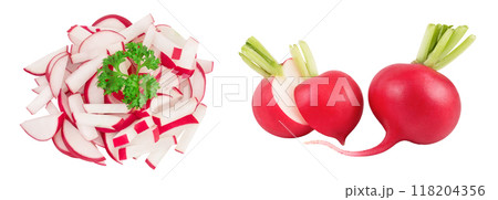 Radish slices isolated on white background. Top view. Flat lay Radish slices isolated on white background. Top view. Flat lay 118204356
