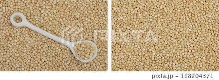 background of sorghum seeds with ceramic spoon. Top view. Flat lay. background of sorghum seeds with ceramic spoon. Top view. Flat lay. 118204371