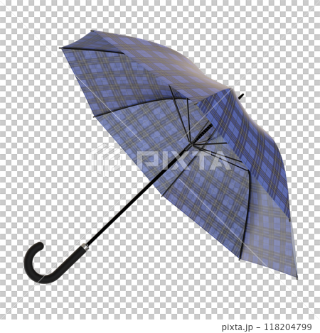 Open blue umbrella with checkered plaid pattern, isolated on white background 118204799