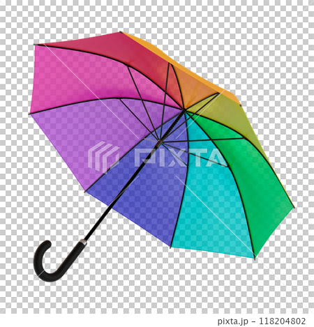 Open multicolor umbrella with black handle, isolated on white background 118204802