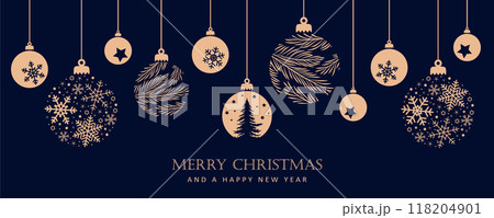 merry christmas card with hanging ball decoration vector illustration 118204901