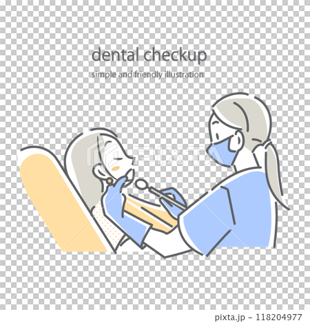 一位女性病患接受牙齒保健員的照顧 — 簡單時尚的線條畫插圖 118204977