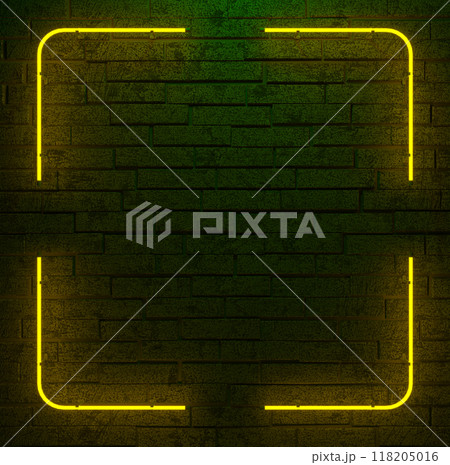 Modern futuristic neon lights on old grunge brick wall room background. 3d illustration. 118205016