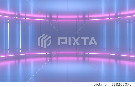 Abstract purple background stage. Neon light from lamps on walls of circular room. 3d illustration 118205076