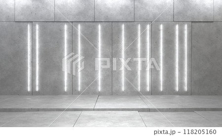 Grayscale old concrete wall, horizontal neon lamps, background interior stage with copy space, 3d illustration 118205160