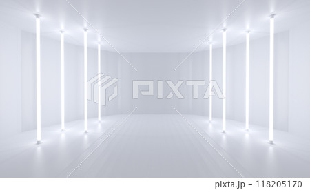 Minimalistic abstract white background stage. Neon light from lamps on walls of circular room. 3d illustration. Minimalistic abstract white background stage. Neon light from lamps on walls of circular room. 3d illustration. 118205170