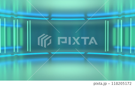 Minimalistic background stage. Neon light from lamps on walls of circular room. 3d illustration Minimalistic background stage. Neon light from lamps on walls of circular room. 3d illustration 118205172