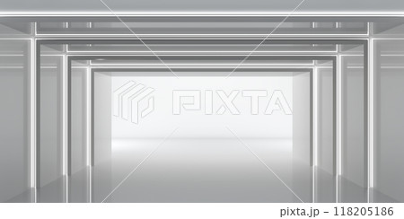Conceptual 3D rendered corridor in white, creating depth through frame repetition. Conceptual 3D rendered corridor in white, creating depth through frame repetition. 118205186