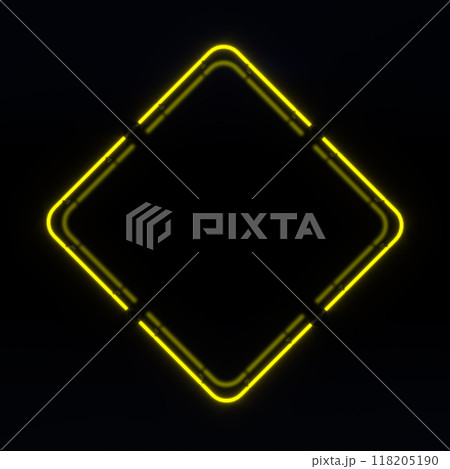 Bright glowing neon rectangular sign on dark wall background. 3d illustration. 118205190