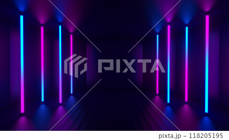 Dark empty room, reflections colorful vertical lamps, abstract background stage. 3d render Dark empty room, reflections colorful vertical lamps, abstract background stage. 3d render 118205195