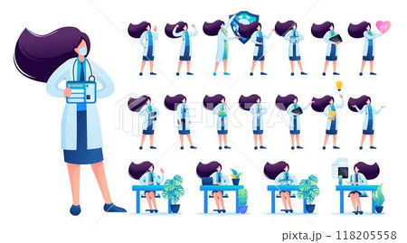 Set of Woman doctor. Presentation in various in various poses and actions. 2D Flat character vector illustration N4 Set of Woman doctor. Presentation in various in various poses and actions. 2D Flat character vector illustration N4 118205558