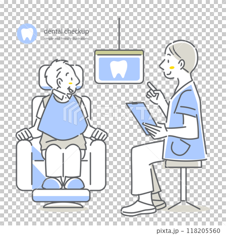 Senior male patient receiving explanation from dentist Simple and stylish line drawing illustration 118205560