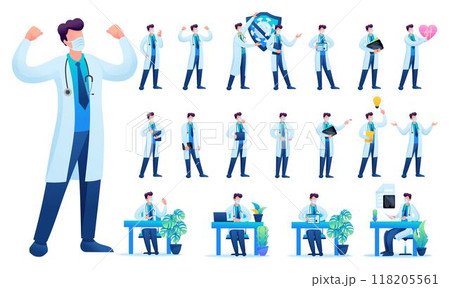 Set of Man doctor. Presentation in various in various poses and actions. 2D Flat character vector illustration N3 118205561