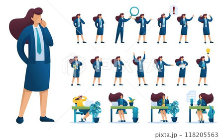 Set of Businesswoman. Presentation in various in various poses and actions. 2D Flat character vector illustration N5 118205563