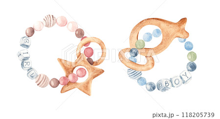 Baby Teething Rings Set. Watercolor illustration of Eco Toy made of Wooden beads and letters Boy and Girl. Hand painted illustration of chew eco toy in delicate tones. Perfect for newborn baby shower Baby Teething Rings Set. Watercolor illustration of Eco Toy made of Wooden beads and letters Boy and Girl. Hand painted illustration of chew eco toy in delicate tones. Perfect for newborn baby shower 118205739