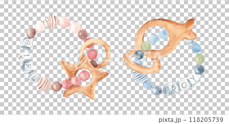 Baby Teething Rings Set. Watercolor illustration of Eco Toy made of Wooden beads and letters Boy and Girl. Hand painted illustration of chew eco toy in delicate tones. Perfect for newborn baby shower Baby Teething Rings Set. Watercolor illustration of Eco Toy made of Wooden beads and letters Boy and Girl. Hand painted illustration of chew eco toy in delicate tones. Perfect for newborn baby shower 118205739