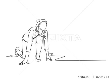Continuous one line drawing side view of businesswoman get ready sprint run to her office on running track. Business race challenge and competition. Single line draw design vector graphic illustration 118205753