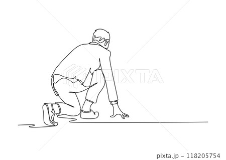 Continuous one line drawing back view of businessman or office worker get ready to sprint run on running track. Business race competition and challenge. Single line design vector graphic illustration 118205754