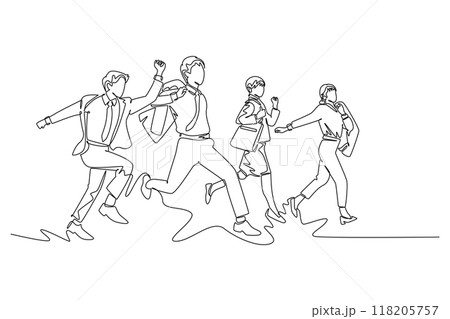 Continuous one line drawing group of business people or commuter workers running fast to get to the office on time. Urban employee in rush concept. Single line draw design vector graphic illustration Continuous one line drawing group of business people or commuter workers running fast to get to the office on time. Urban employee in rush concept. Single line draw design vector graphic illustration 118205757