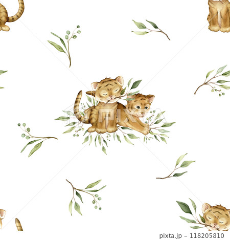 Seamless pattern with cute kawaii two tigers jumping and sitting with green branch eucalyptus. Watercolor hand drawn illustration african animal isolated. Cartoon kids print. Seamless pattern with cute kawaii two tigers jumping and sitting with green branch eucalyptus. Watercolor hand drawn illustration african animal isolated. Cartoon kids print. 118205810
