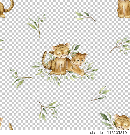 Seamless pattern with cute kawaii two tigers jumping and sitting with green branch eucalyptus. Watercolor hand drawn illustration african animal isolated. Cartoon kids print. Seamless pattern with cute kawaii two tigers jumping and sitting with green branch eucalyptus. Watercolor hand drawn illustration african animal isolated. Cartoon kids print. 118205810