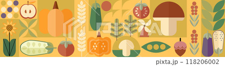 Bauhaus vegetable abstract geometric pattern. Mosaic scandinavian background. Agriculture and farming background, geometric vector print. Autumn vegetable harvest retro background. 118206002
