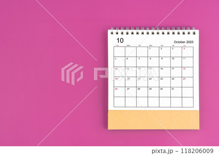 October 2025, Monthly desk calendar for 2025 year on purple background. 118206009