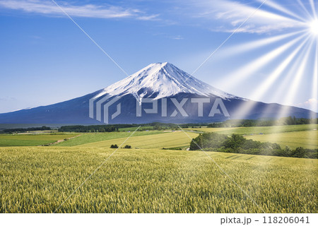北海道の田園風景と富士山合成 118206041