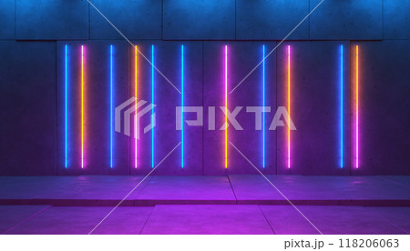 Dark room with colorful neon line lights on concrete wall. Empty stage concept background with copy space. 3d illustration 118206063
