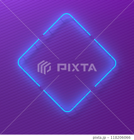Glowing neon rectangular sign on purple brick wall 118206066