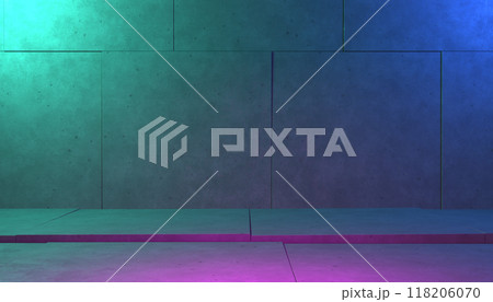 Industrial style concrete stage, light spots different colors, product showcase podium 3d illustration 118206070