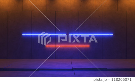 Abstract empty concrete interior with horizontal blue yellow neon lights, 3d illustration 118206071
