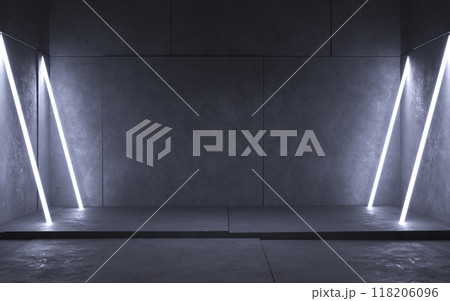 Grayscale old concrete room, white slanted neon lamps, copy space, background interior stage, 3d illustration 118206096