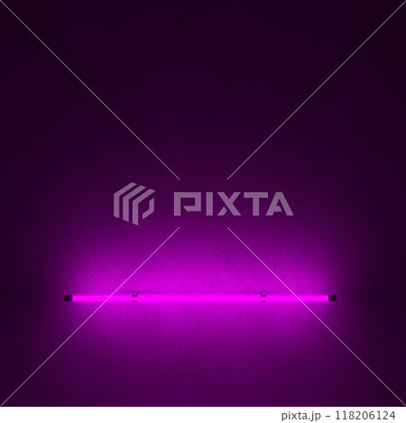 Neon linear lamps with a gradient multi-colored luminous glow. Dark background with neon light. 3d illustration. 118206124
