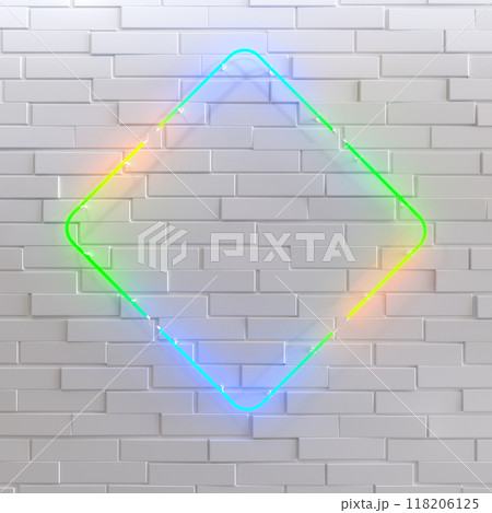 Square glowing neon frame on white brick wall. Multicolored gradient glow. 3d illustration. 118206125