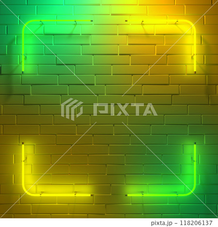 Brick wall illuminated with neon light. Abstract background. Light effect on textured surface. 3d illustration. 118206137