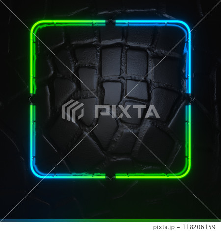 Bright neon frame for banner or sign on a dark wall. Green and blue light. 3d illustration. 118206159