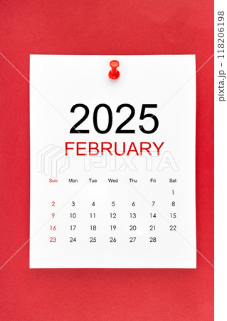 February 2025 calendar page with push pin on red background. 118206198